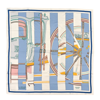 HERMES Silk La Berline Bayadere Scarf 90 White Bleu Ciel Vieux Rose