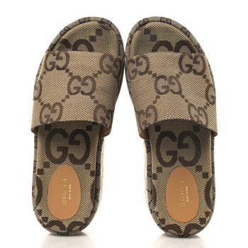 GUCCI Monogram Maxi GG Angelina Platform 55mm Slide Sandals 38.5 Camel Ebony