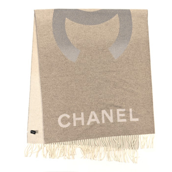 CHANEL Cashmere Silk Logo Fringe Stole Beige Anthracite