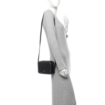 VALENTINO GARAVANI Calfskin Rockstud Camera Crossbody Bag Black