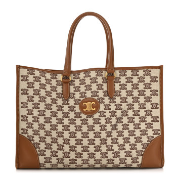 CELINE Canvas Calfskin Triomphe Embroidered Horizontal Cabas Tan
