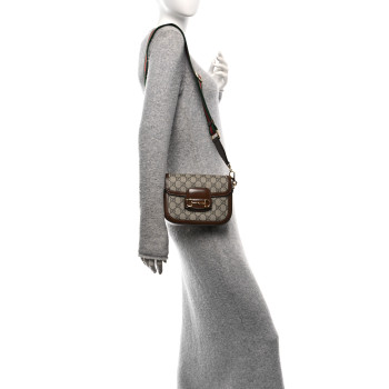 GUCCI GG Supreme Monogram Web Mini Horsebit 1955 Shoulder Bag Beige Brown Sugar