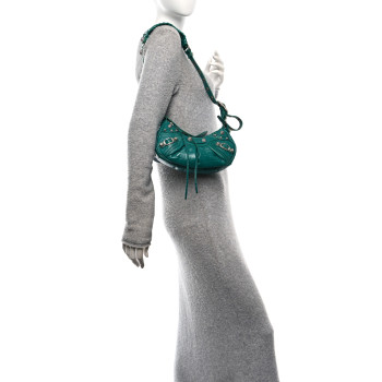BALENCIAGA Extra Supple Calfskin Crystal Crocodile Embossed Le Cagole Shoulder Bag XS Jade