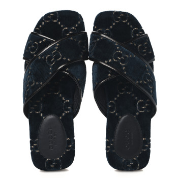 GUCCI Velvet GG Monogram Womens Criss Cross Slide Sandals 36 Blue Beige Black