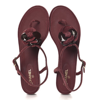 CHANEL Suede Calfskin Camellia Thong Sandals 39.5 Burgundy