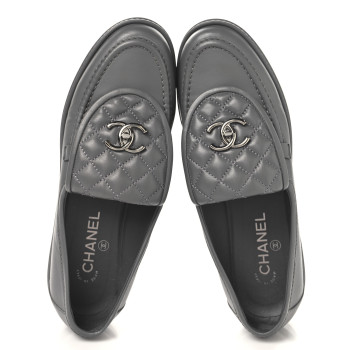 CHANEL Lambskin Quilted CC Turnlock Loafers 40.5 Grey