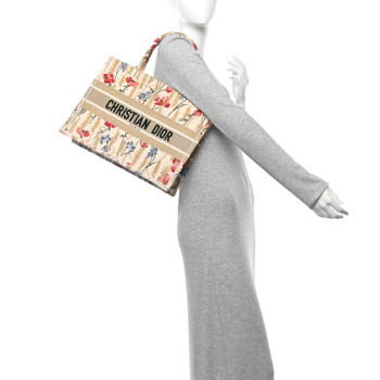 CHRISTIAN DIOR Canvas Embroidered Medium Hibiscus Book Tote Beige Multicolor