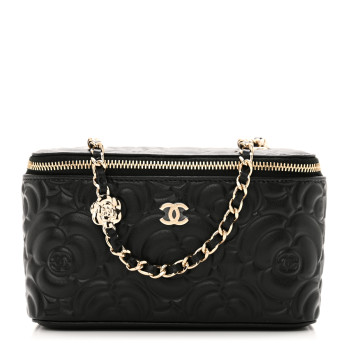 CHANEL Lambskin Camellia Embossed Small Vanity Case With Chain Black