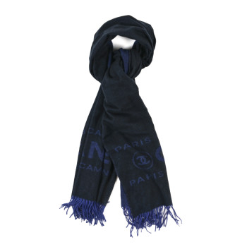CHANEL Cashmere CC Fringe Stole Blue Black