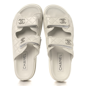CHANEL Lambskin Quilted Velcro Dad Chain CC Slide Sandals 39 White