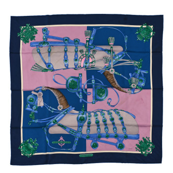 HERMES Silk Harnais De Coeur Scarf 90 Bleu Rose Multicolor