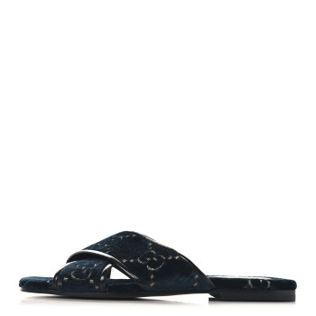 GUCCI Velvet GG Monogram Womens Criss Cross Slide Sandals 36 Blue Beige Black