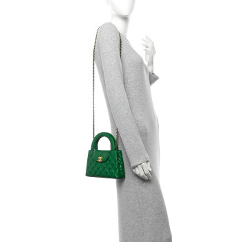 CHANEL Shiny Aged Calfskin Quilted Nano Kelly Shopper Green