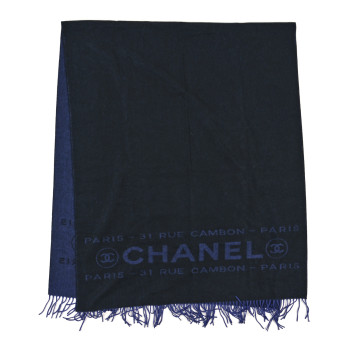 CHANEL Cashmere CC Fringe Stole Blue Black