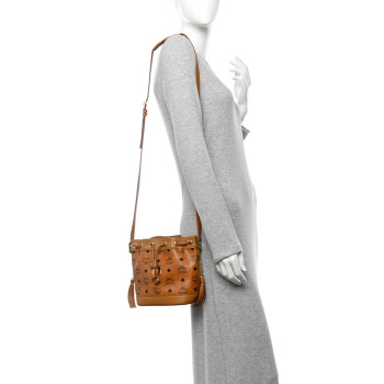 MCM Visetos Mini Drawstring Tassel Bucket Bag Cognac