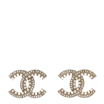 CHANEL Pearl Crystal CC Earrings Silver