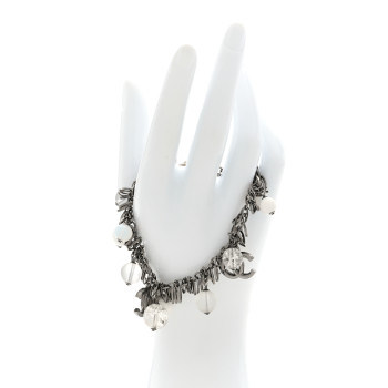 CHANEL Metal Crystal CC Bead Charm Bracelet Ruthenium Gold White