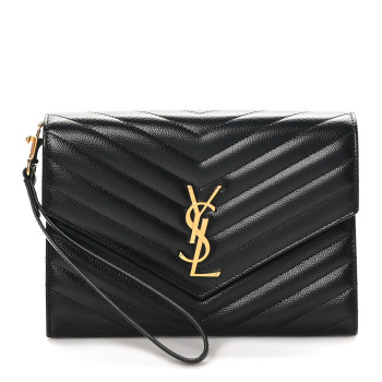 SAINT LAURENT Grain De Poudre Matelasse Chevron Monogram Envelope Clutch Black