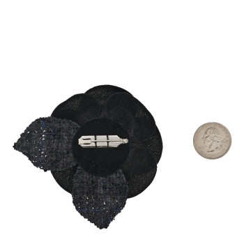CHANEL Tweed Fabric Camellia Pin Brooch Black