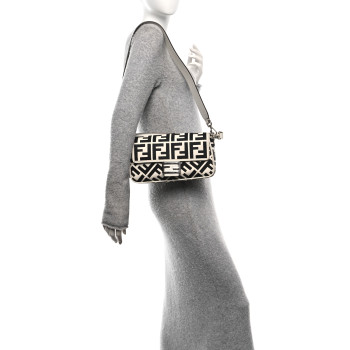 FENDI Canvas Vitello King FF Embroidered Baguette White Black