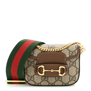 GUCCI GG Supreme Monogram Azalea Calfskin Web Horsebit 1955 Wallet On Strap Beige Ebony Brown Sugar