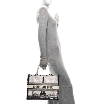 CHRISTIAN DIOR Canvas Embroidered Medium Paris Book Tote White Black
