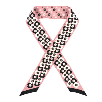 CHANEL Silk Slim Reversible Camellia CC Bandeau Scarf Black White Pink
