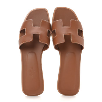 HERMES Box Calfskin Oran Sandals 37 Gold