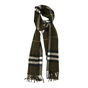 BURBERRY Cashmere House Check Fringe Scarf Olive Green