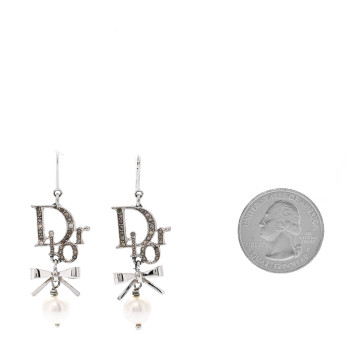 CHRISTIAN DIOR Crystal Pearl Bow Earrings Silver