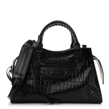 BALENCIAGA Semi Shiny Calfskin Crocodile Embossed Neo Classic Black Hardware Mini City Black