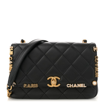 CHANEL Lambskin Enamel Strass Quilted Mini Paris Monaco Flap Black