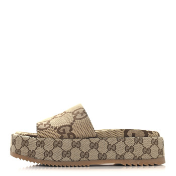 GUCCI Monogram Maxi GG Angelina Platform 55mm Slide Sandals 38.5 Camel Ebony
