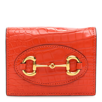GUCCI Boarded Plutone Crocodile Horsebit 1955 Card Case Wallet Sun Orange