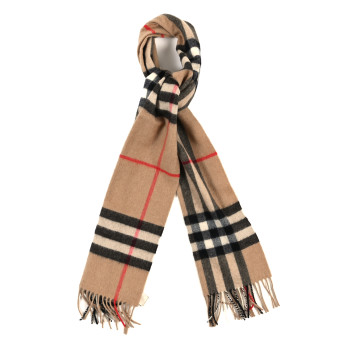BURBERRY Cashmere Giant Check Fringe Scarf Archive Beige