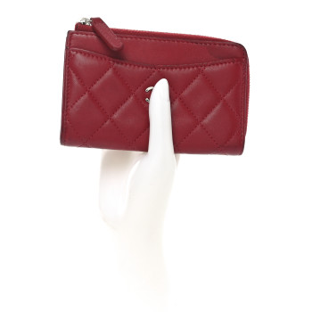 CHANEL Lambskin Quilted CC Zip Around Card Holder Red