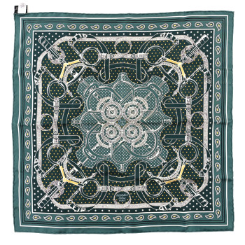 HERMES Silk Eperon D'Or Bandana Shawl 55 Vert Cypres White