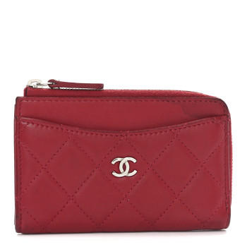 CHANEL Lambskin Quilted CC Zip Around Card Holder Red