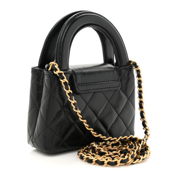 CHANEL Shiny Aged Calfskin Quilted Mini Nano Kelly Shopper Black