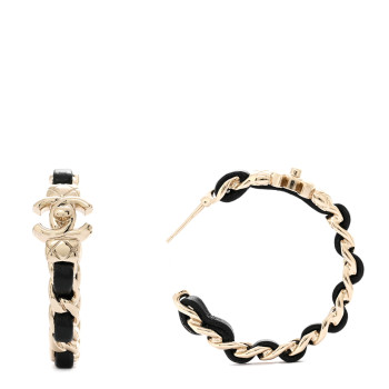CHANEL Metal Lambskin Quilted CC Turnlock Chain Hoop Earrings Gold Black