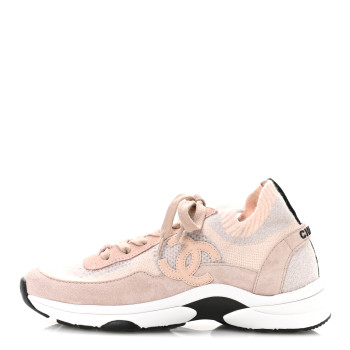 CHANEL Mesh Suede Fabric Womens CC Sneakers 38 Light Pink