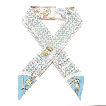 HERMES Silk Les Voitures Nouvelle Twilly Vert Amande Bleu Glacier