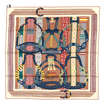 HERMES Silk Fantaisie D'etriers Scarf 90 Creme Noisette Marine