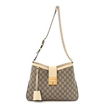 GUCCI GG Supreme Monogram Moon Calfskin Medium Padlock Shoulder Bag Beige Ebony Mystic White