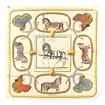 HERMES Silk Grand Apparat Forever Scarf 90 Creme Gold Multicolore