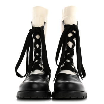 CHRISTIAN DIOR Calfskin Knit Fabric Diorland Combat Boots 38 Black White