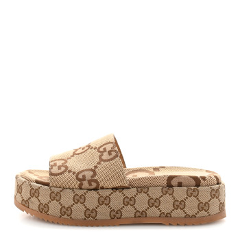 GUCCI Monogram Maxi GG Angelina Platform 55mm Slide Sandals 38.5 Camel Ebony