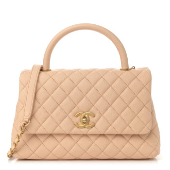 CHANEL Caviar Quilted Small Coco Handle Flap Beige