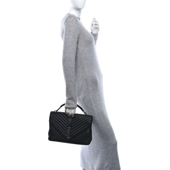 SAINT LAURENT Sheepskin Matelasse Chevron Monogram Large College Satchel Black