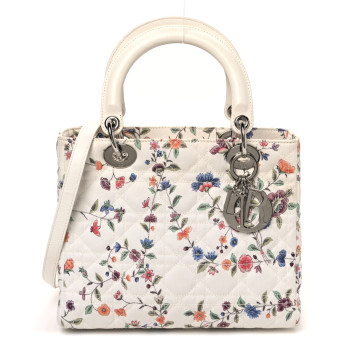 CHRISTIAN DIOR Canvas Nagoya Floral Medium Lady Dior White Multicolor